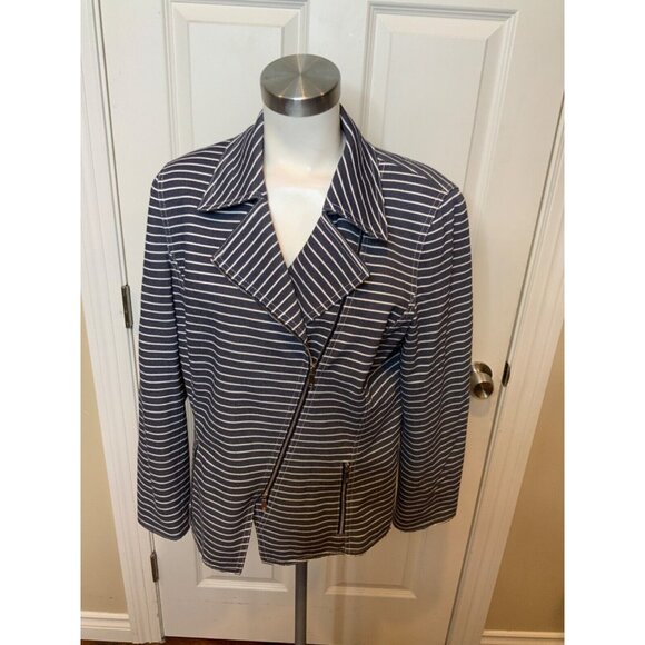 148 Lafayette New York Blue White Striped Asymmetrical Zip Moto Jack, Size 14 - Picture 1 of 5